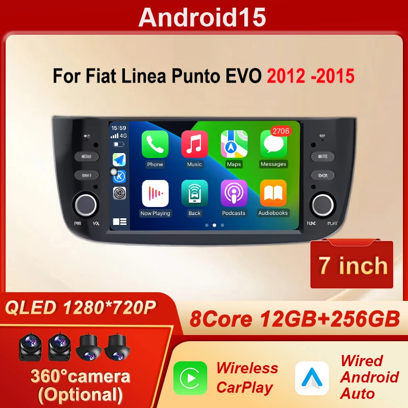 For Fiat Linea Punto EVO  2012 -2015 Android 15 Car Radio Multimedia Video Player Wireless Carplay GPS Navigation Wifi Bluetooth