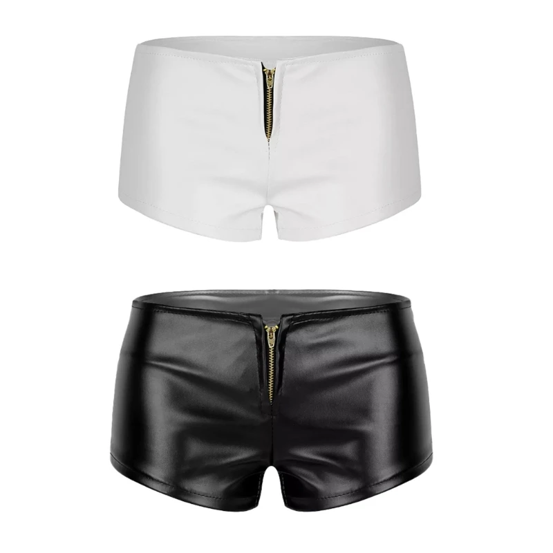 Trendy Faux Leather Zipper Front Mini Booty Shorts for Women Stretchy Bodycon Low Rise Skinny Hot Pants Disco Club Wear D0UB