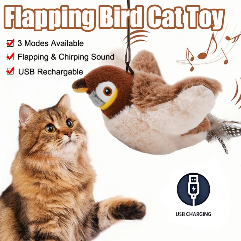 Interactive Cat Toys, Rechargeable Chirping Flapping Bird(no Flying) with Catnip for Indoor Cats, Touch Activated Plush Toys
