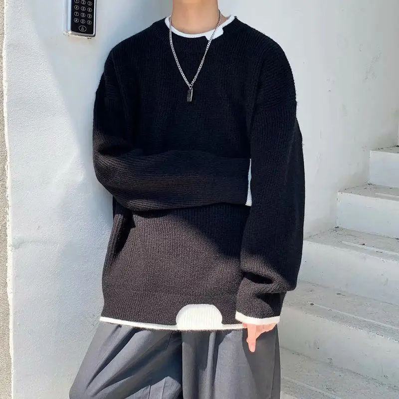 Basic Korean Spliced Pullovers Knitted Men's Clothing Fake Two Pieces Autumn Winter Solid Color Casual Loose Round Neck Sweaters