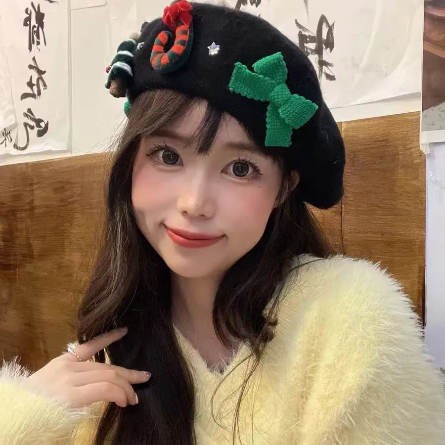 

Christmas Warm Bow Beret Women's Fashion Korean Painter's Hat Versatile Winter Wool Christmas Beret