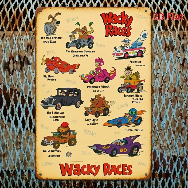 

[2D Flat] 1 шт. металлическая настенная художественная табличка Wacky Races - 8x12 дюймов, винтажный декор для гоночной сцены автомобиля с вывеской "Wacky Races"