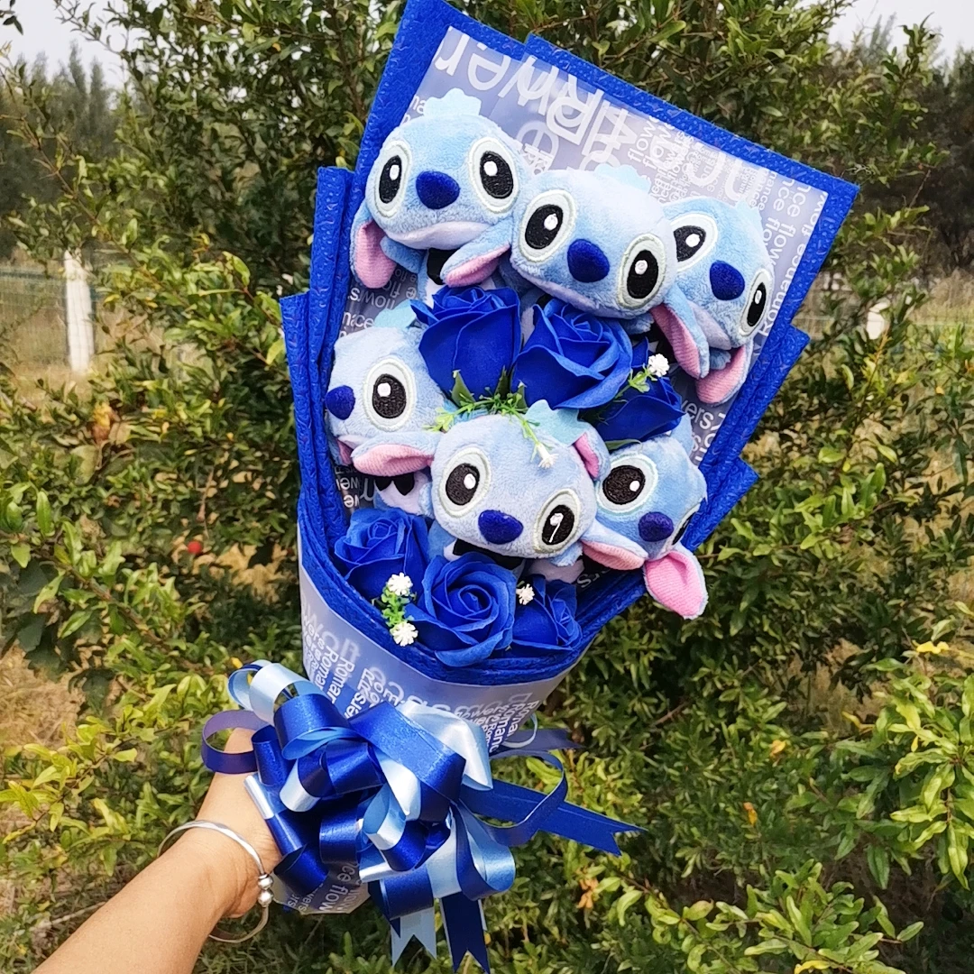 Disney-ramo de felpa de Lilo Stitch con jabón, flor de Rosa, Anime, animales de peluche, decoración del hogar, regalo de San Valentín y Navidad