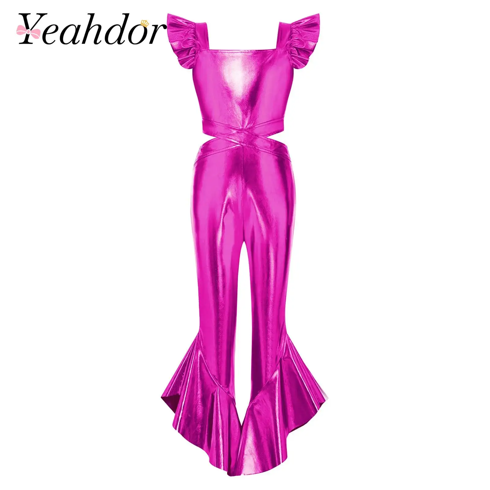 Girls Sparkly Romper Flares Children Metallic Flared Jumpsuit Disco Outfit Kids Streetwear Party Shiny Costume Birthday Outfits