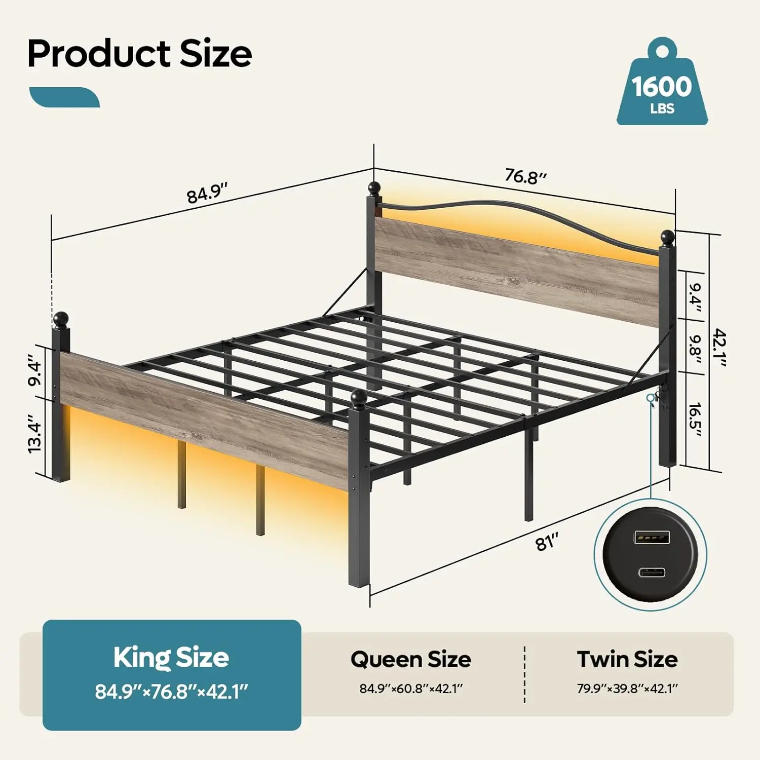

King Size Bed Frame with Headboard and Charging Station, 18 Inch Heavy Duty Metal Platform Bed with 16.5'' Under Bed Sto