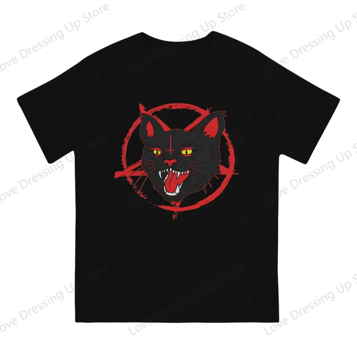 Satanic Black Metal Cat Devil Cat Black Pentagram Tshirt Graphic Men Tops Vintage Homme Summer COTTON Streetwear Harajuku TShirt