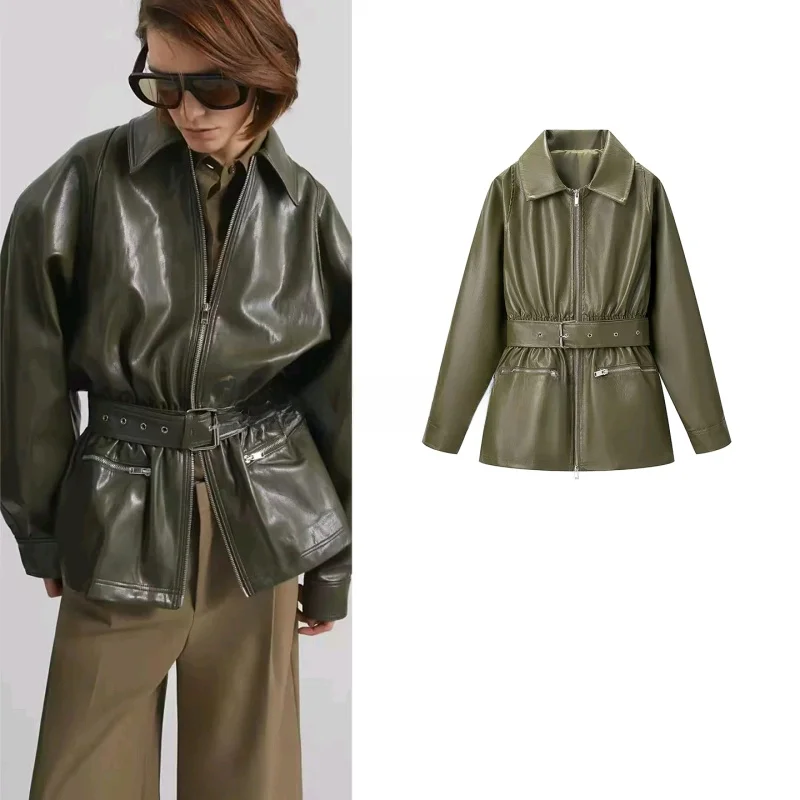 

Winter New Women's Simple Zipper Collar Long Sleeve PU Leather Jacket Outerwear Elastic Waistband Fashionable Ladies Coat