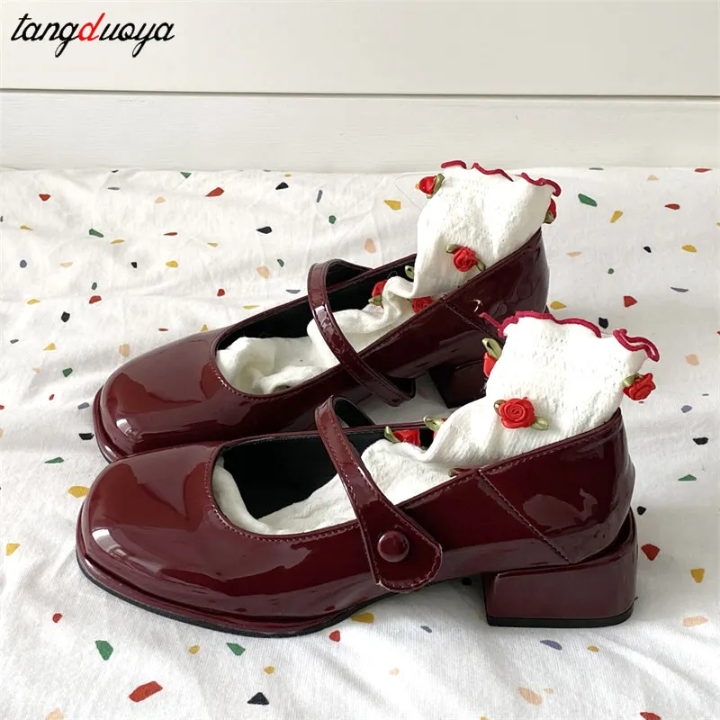 Retro red Mary Jane Shoes Women Thick Heels Ankle Buckle Lolita Shoes Woman Student French Square heel shallow mouth single shoe