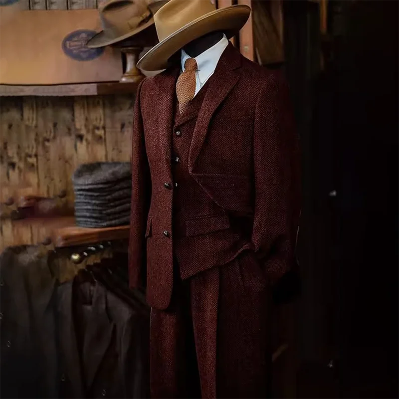 ผู้ชายสามชิ้นชุดรูปแบบ Herringbone เดี่ยว SLIM FIT ชุดสําหรับชายชุดหรูหรา 2025 เครื่องแต่งกาย Man ชุดอย่างเป็นทางการ
