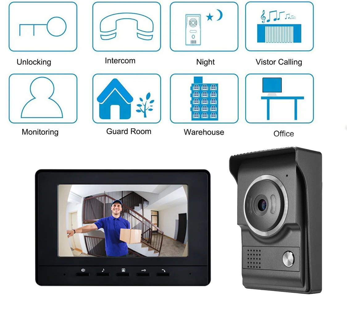 Wired Video Intercom System 7" Video Doorbell Door Phone System HD Camera Kits Support Unlock, Monitoring, Dual-Way Intercom
