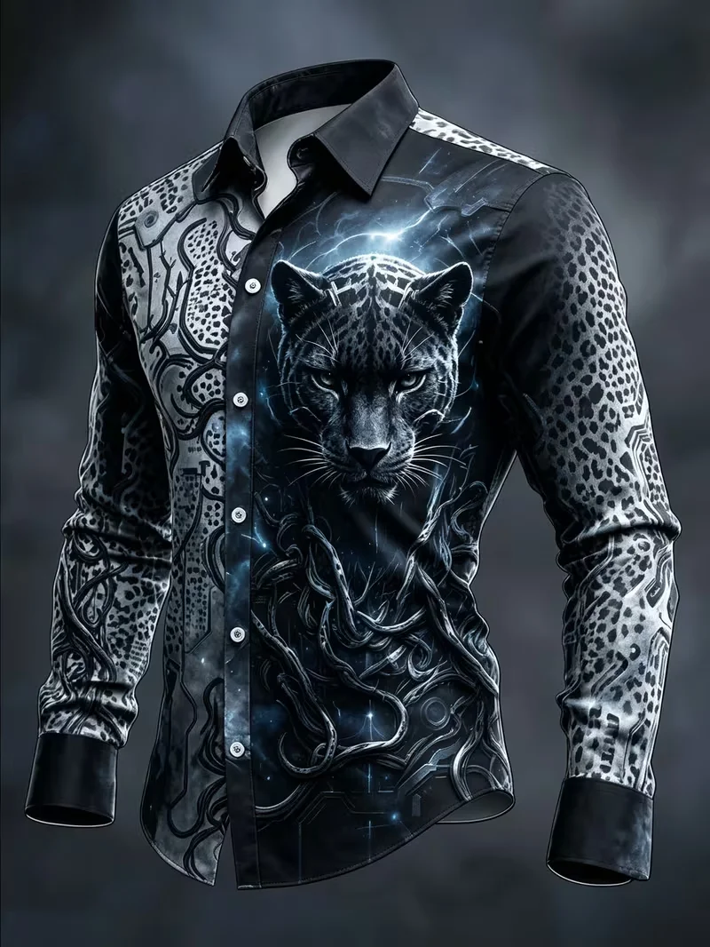 New Men's Dark Street Casual Shirt Black Panther Tree Root Leopard Pattern 3D Printed Long Sleeve Shirt Clothing