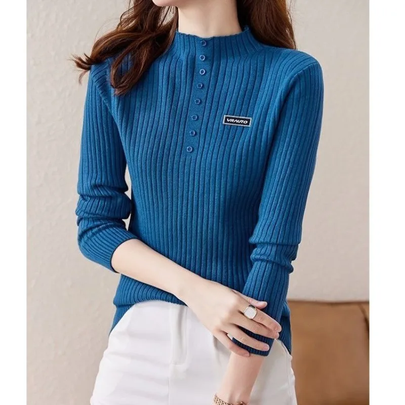 

Autumn and Winter Women's Pullover Button Screw Thread High Neck Sweater Underlay Casual Fashion Elegant Commuter Knitted Tops