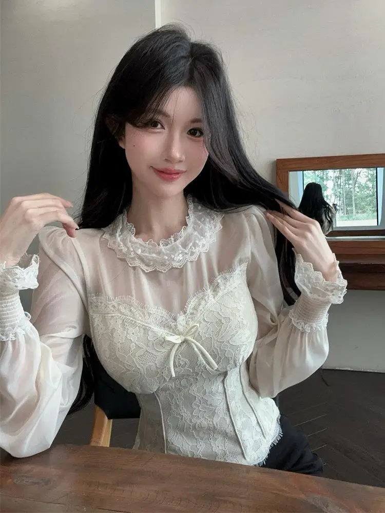 

Lace Bubble Sve irt Women's Autumn Winter Court Sle Doll Collar Base Fibone irt Inner Wear Korean Sle Slim Fit L...