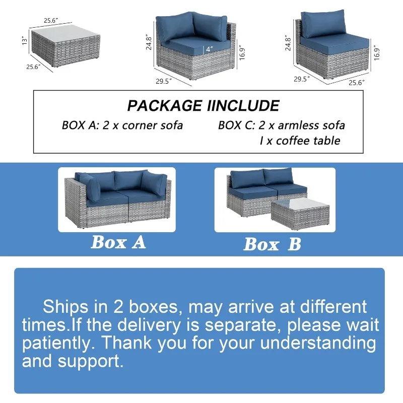 5 Pieces Outdoor Patio Sectional Sofa Couch, Silver Gray PE Wicker Furniture Conversation Sets with Washable Cushions