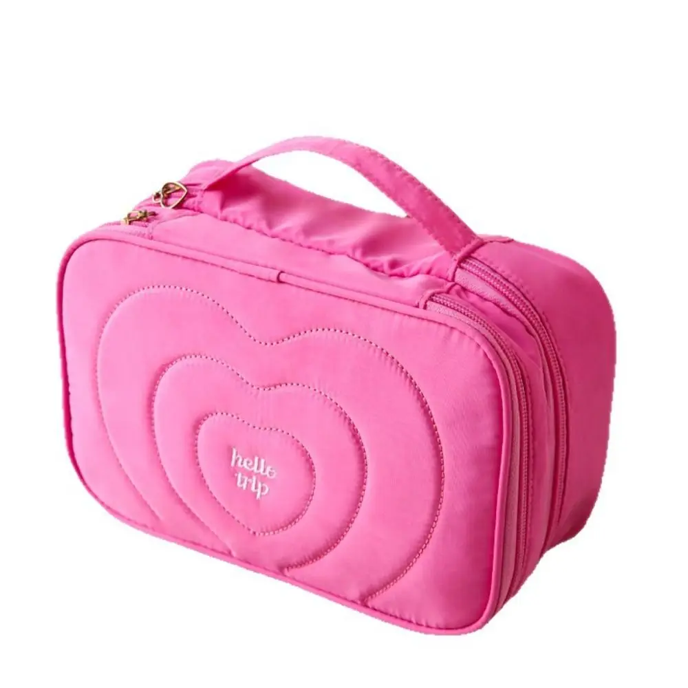 Heart Quilted Makeup Bag Portable Handle Multiple Compartments Cosmetic Organizer Bag Double Zipper Wide Opening