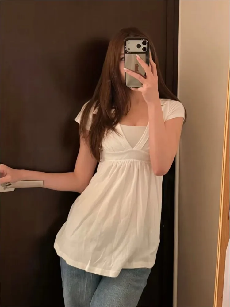 White Fold Long T-shirts Women Summer Sweet Deep V-neck Short Sleeve Slim Tee Shirts Casual Simple All-match Cotton Tshirt Y2K