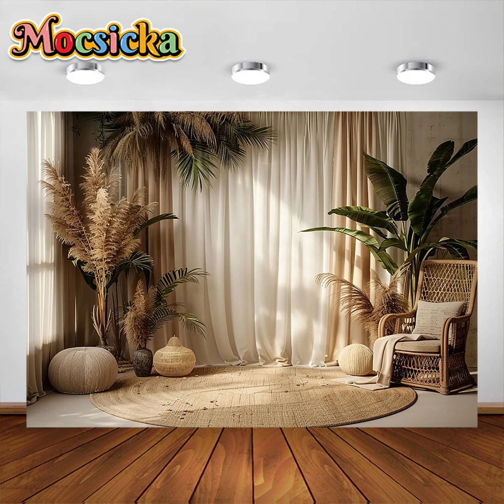 Boho Style Photography Background Summer Palm Trees Curtains Party Decoration Newborn Baby Portrait Photo Studio Props Banner