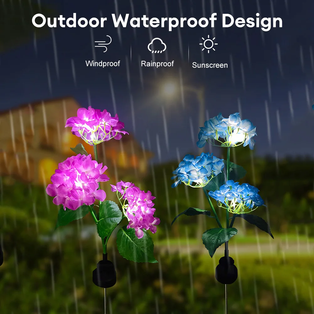 Hydrangea Flower Solar Lamp Outdoor Waterproof Yard Power LED Artificial Flower Light for Courtyard Landscape Garden Decoration