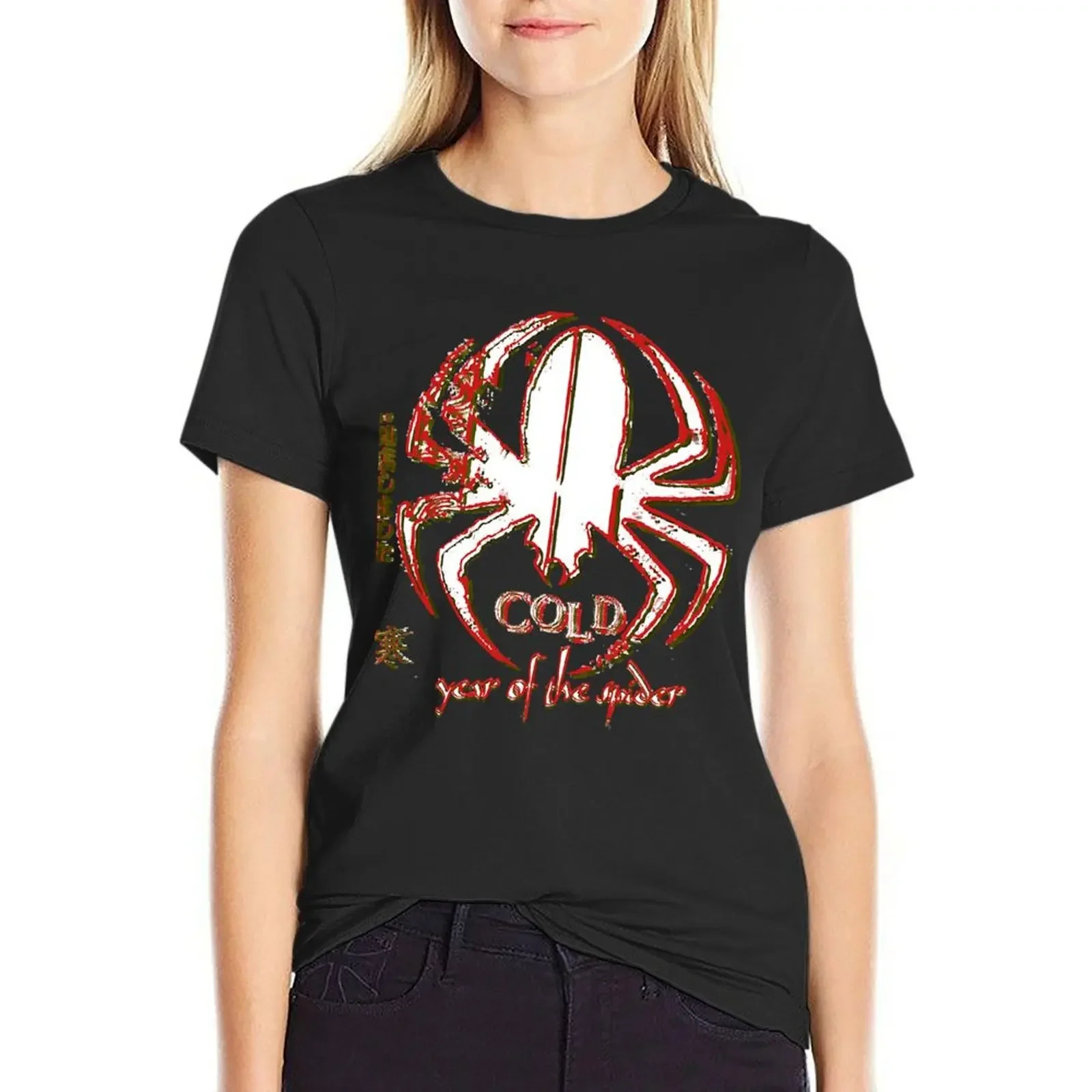 Camiseta de arte angustiada com banda fria para mulheres, ano da aranha, roupas plus size, tops brancos, roupas fofas