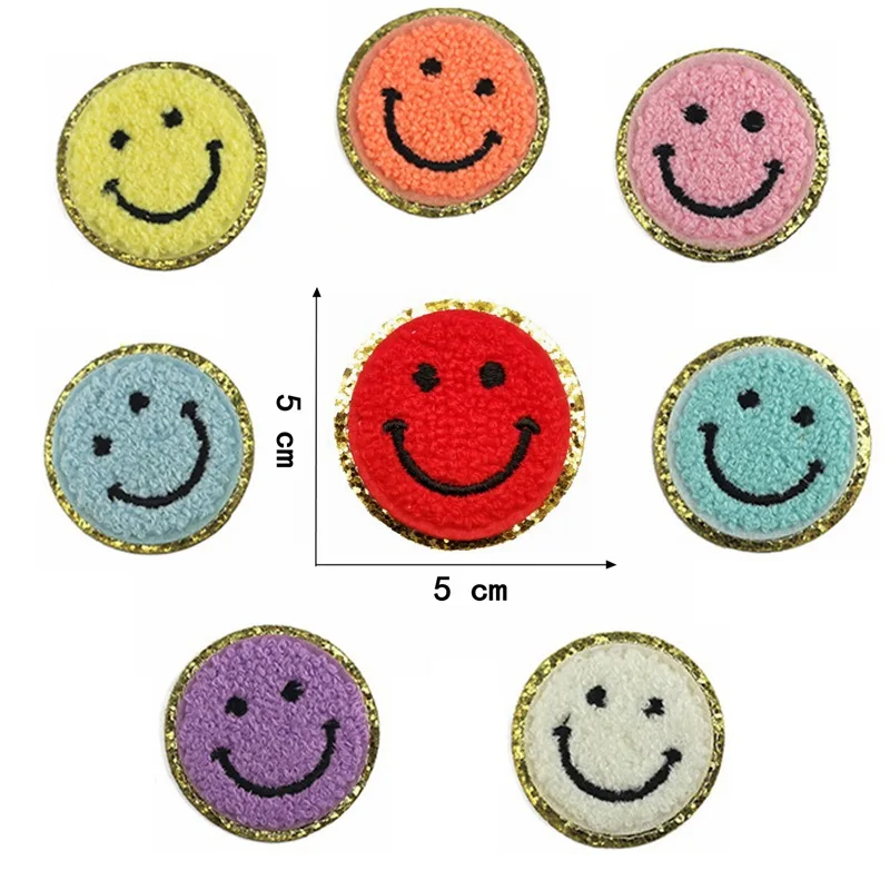 Colorful glitter gold rim Chenille Iron on Patches Embroidered patch star bowknot smilil sticker for school bag Applique