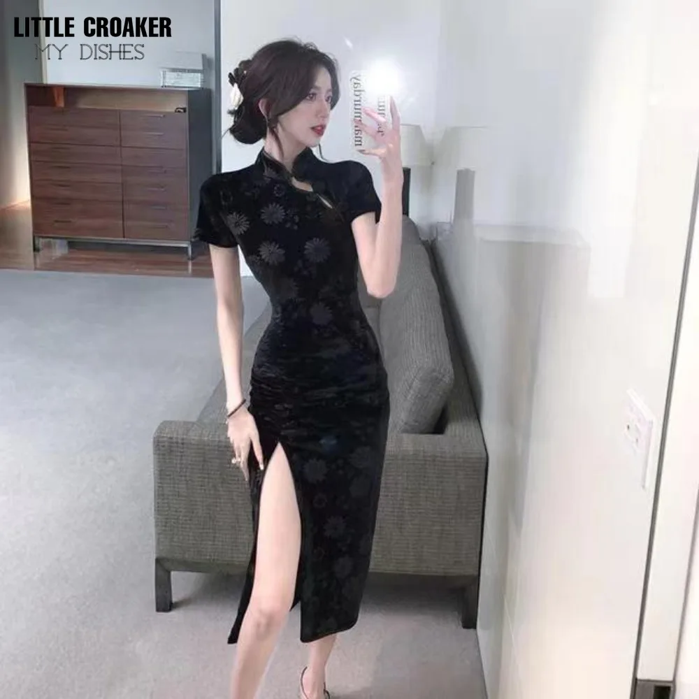 

Black Modified Cheongsam Dress Young Girls Chic and Elegant Woman Birthday Dress Sexy Summer Party Dresses for Women