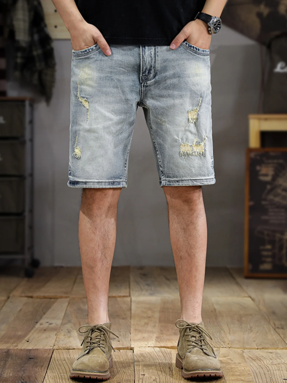 

Retro American High-End Men's Denim Shorts Five-Point Tear Elastic Slim Straight Casual Mid-Waist Cotton Stretch Jeans