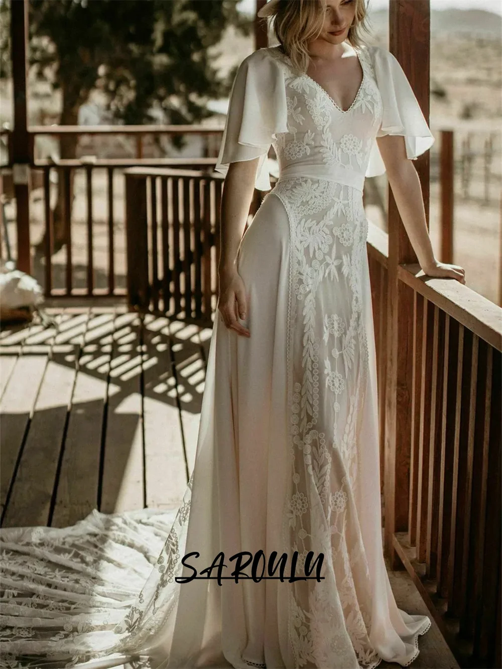 Lace Crepe Wedding Dress With Flare Sleeves, Elegant V Neck Sheath Beach Bride Dresses, Bohemian Women Bridal Gown