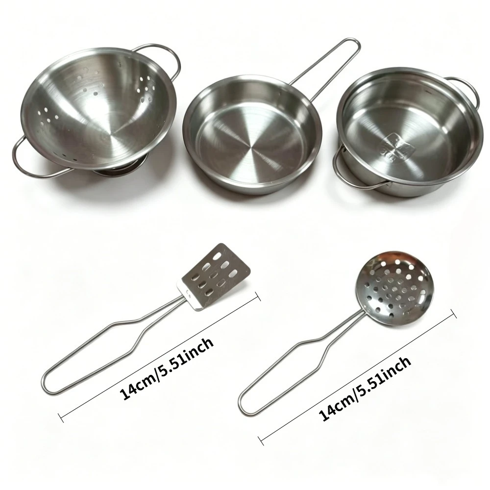 5Pcs Kids Stainless Steel Cookware Toy, Mini Pots Pans with Colander & Spatula, Pretend Play Kitchen Utensils for Kid, Role Play view 5