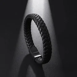 Trendy Single Layer Black Hand Woven Leather Bracelet with Metal Magnetic Closure Men\\\'s Business Jewelry Birthday Gift