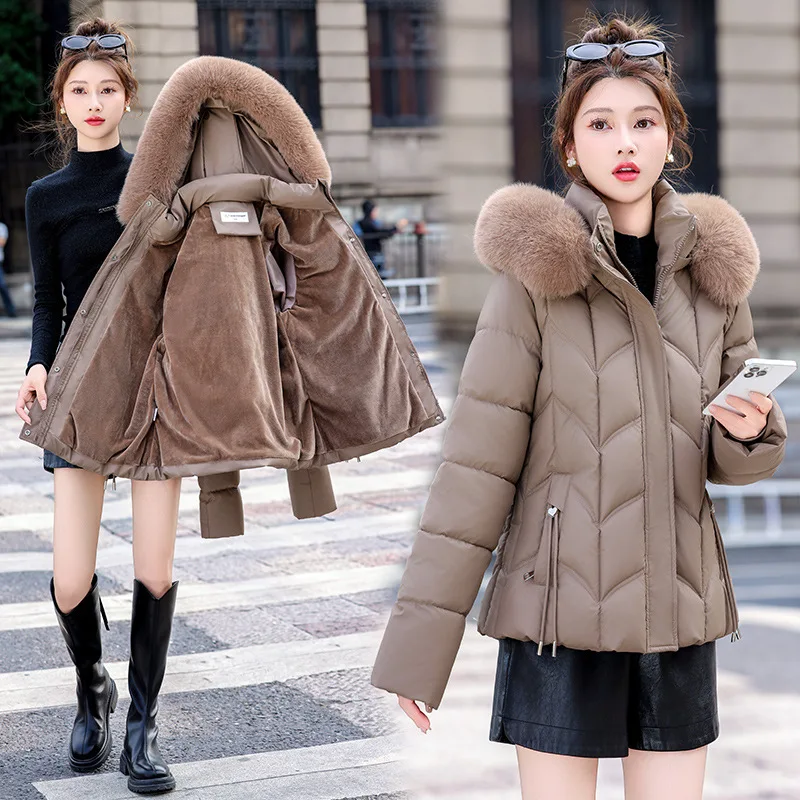 

Women Short Parkas Coats Hooded Jacket Oversize Solid Zipper Fur Collar Detachable Slim Fit Thick Office Lady Casual 2025 Winter