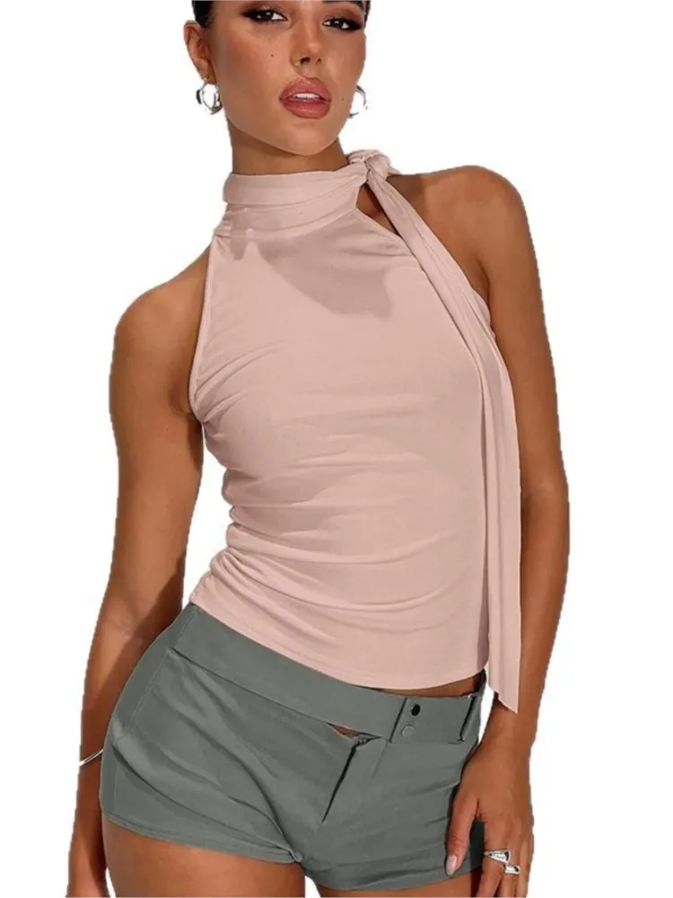 

Sexy Halter Neck Solid Color Tank Tops Women Summer Fashion Elegant Slim Lace-up Clothes Streetwear Party Solid Color T Shirts