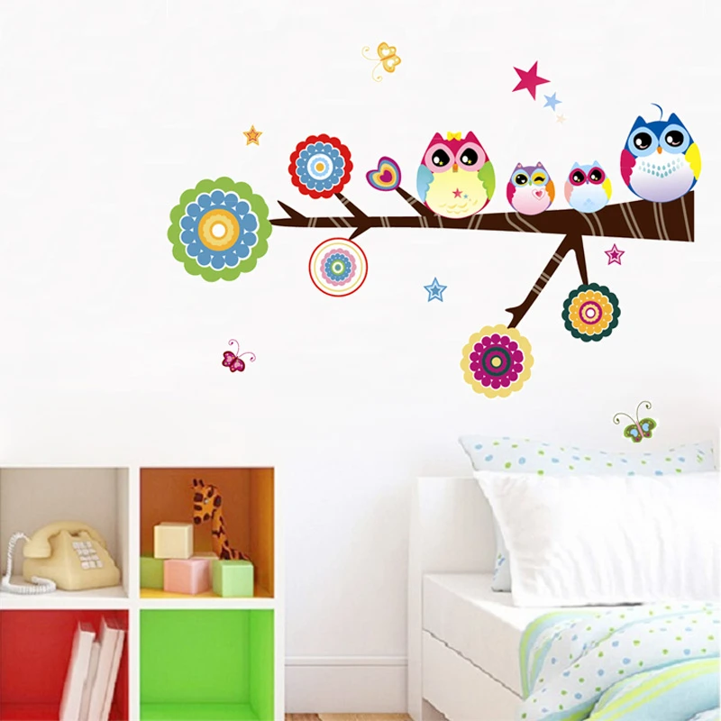 

Cute Owlets On Floral Tree Wall Stickers For Kids Room Bedroom Home Decoration Diy Animals Owl Birds Mural Art Pvc Wall Decal