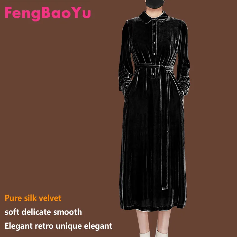 Fengbaoyu Velvet Spring Autumn Lady's Long-sleeved Medium-length Dress Korean Fashion Women Clothing Black Knitted Dresses 4XL