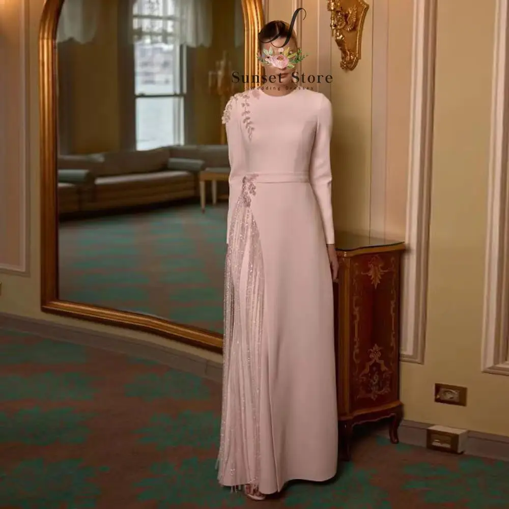 Customized  Pink Tassel Evening Dress O Neck Long Sleeve Arabic Dubai Wedding Party Gown Beaded Detail Prom Dresses
