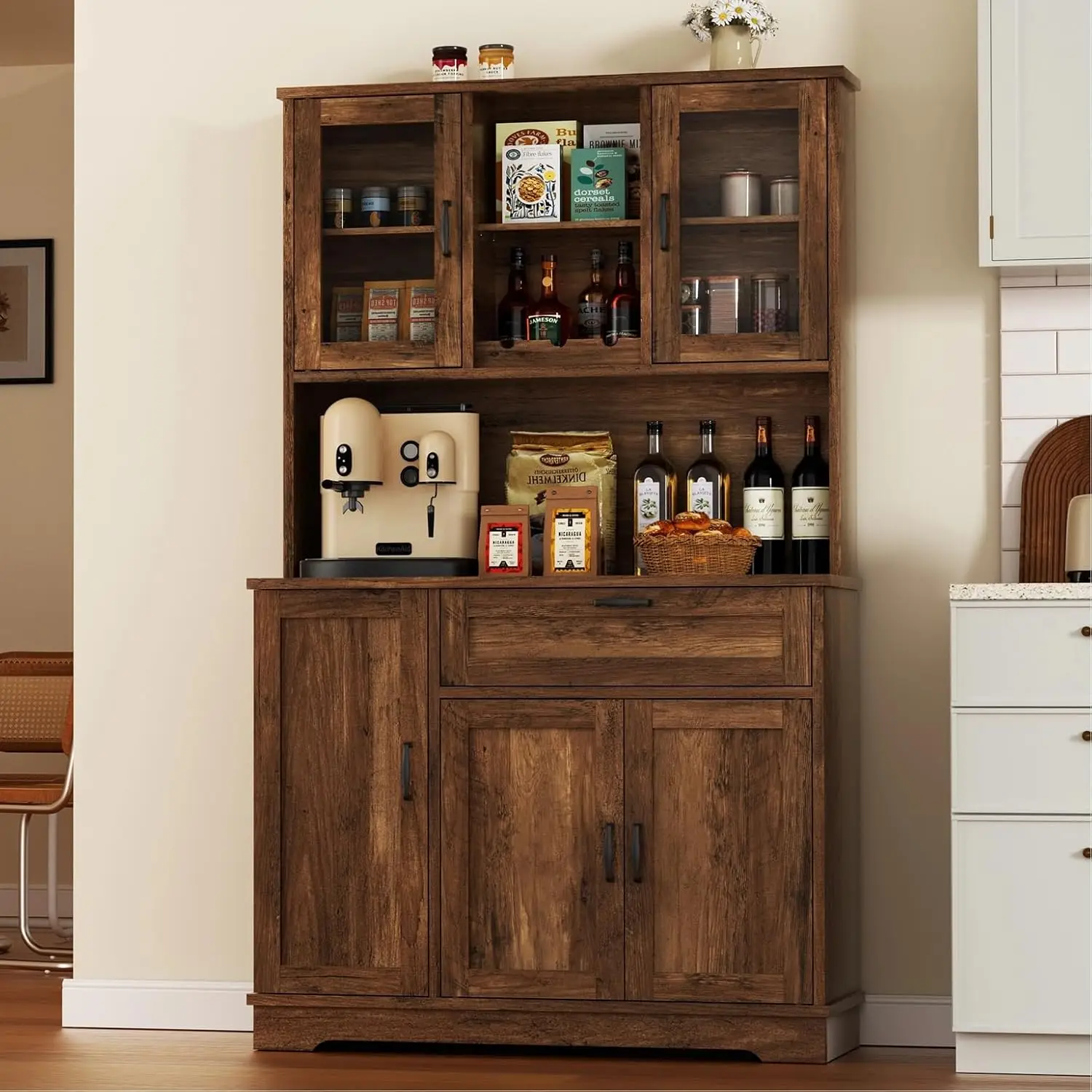 

Tall Kitchen Pantry Storage Cabinet, Modern Pantry Cabinet with Hutch and Microwave Stand, Brown