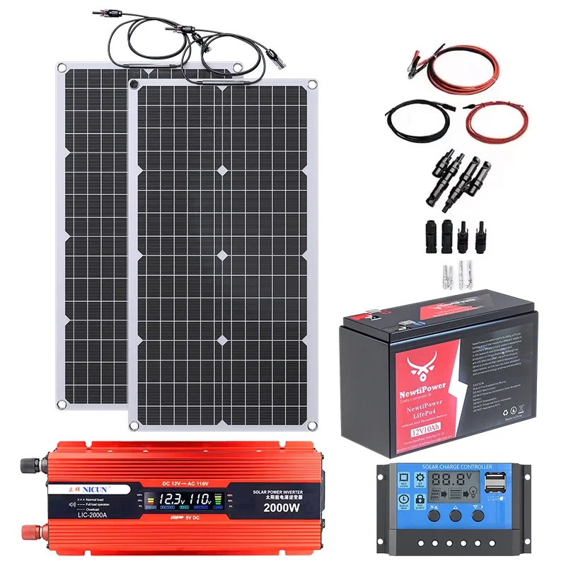 2000W off-grid zonne-completekit-voeding met 100A MPPT-controller, 110V 220V omvormer en 10AH 30AH LiFePO4-batterij voor thuis/camper/kamperen
