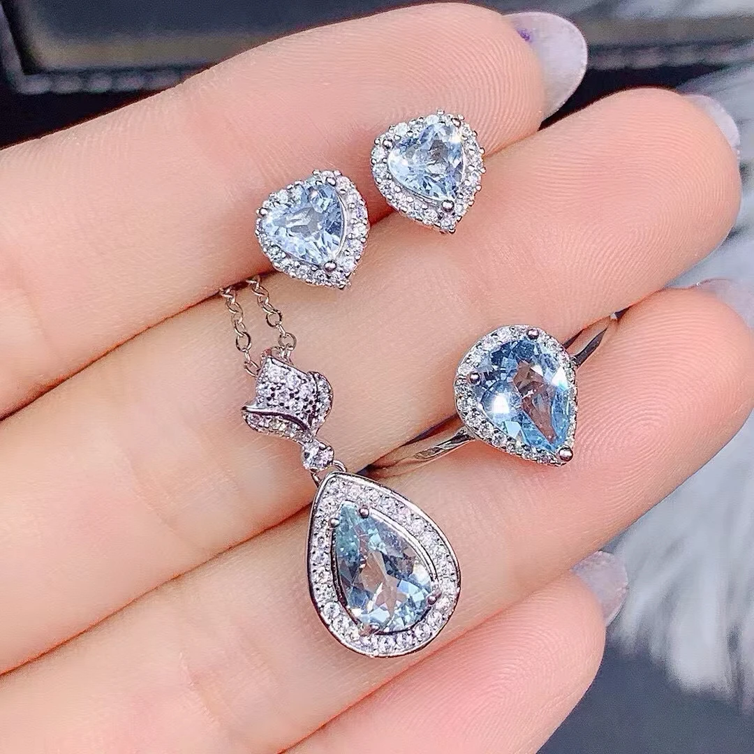 

Natural Aquamarine Women's Ring Earring Pendant Set S925 Silver Electroplating Process Inlaid Full Clarity Fine Gem Support Test