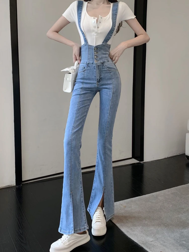 

Осень 2024, винтажные джинсовые брюки-карандаш до щиколотки, женские эластичные узкие расклешенные брюки с высокой талией на подтяжках, джинсы