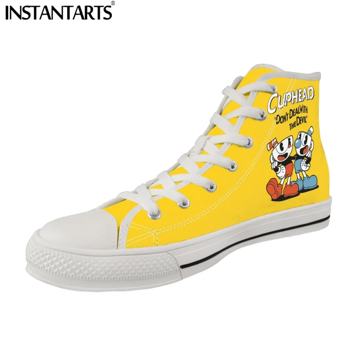 INSTANTARTS Game Cuphead Mugman Cartoon Pattern Casual Lace Up Sneakers for Men Boys High Top Canvas Footwear Vulcanized Shoes