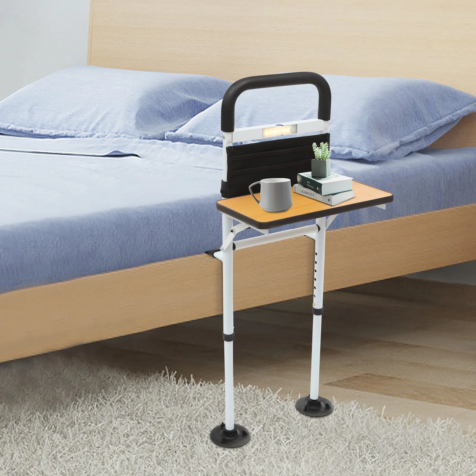 Veilige bedrail met tafelblad In hoogte verstelbaar bed Extra rail Valbescherming Veiligheidsbedrail met opbergtas