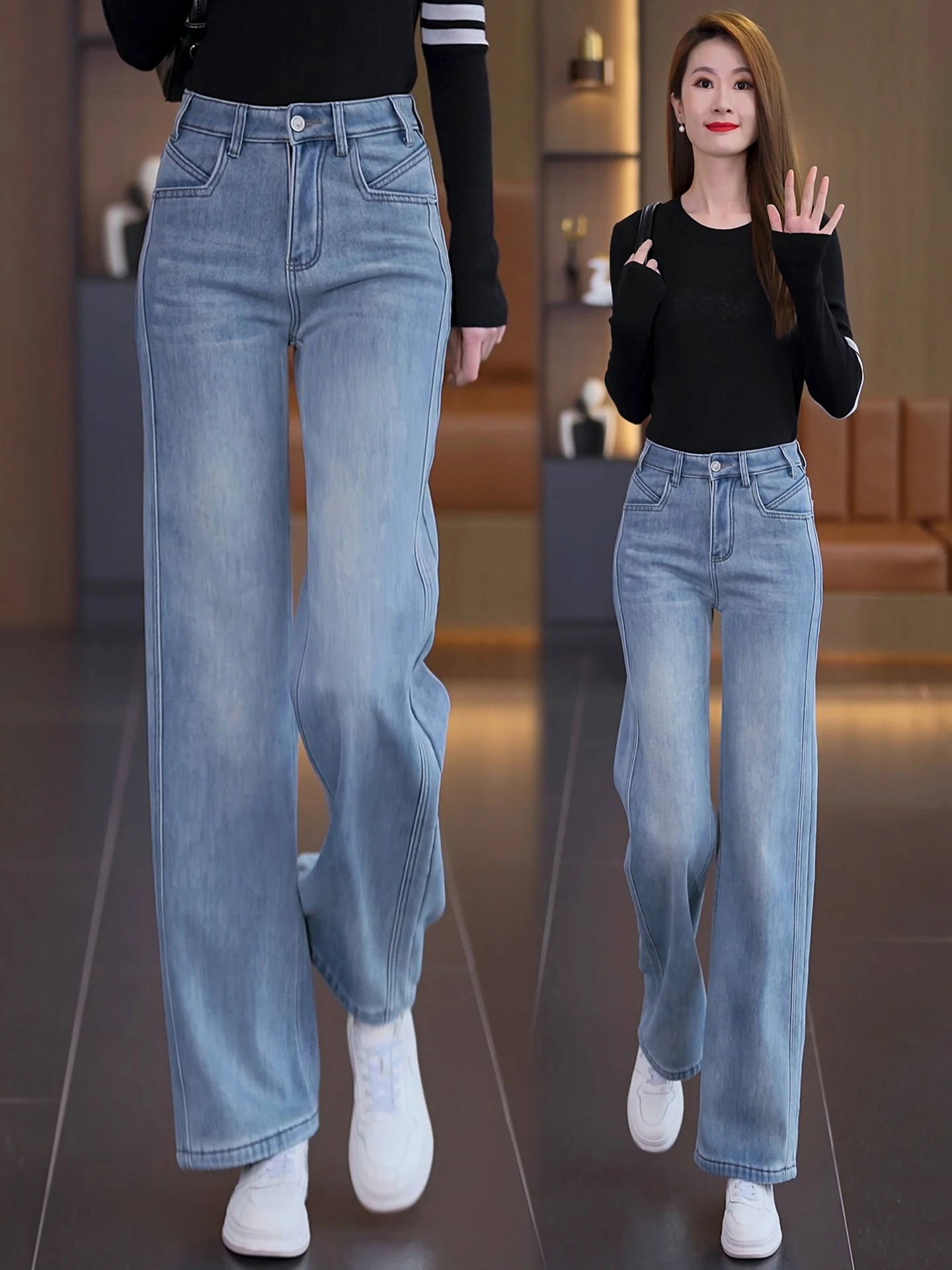 

Women's High Waist Fleece Lined Thick Wide Leg Jeans Loose Fit Casual Straight Cut Pants Autumn Winter New Style Slimming Effect