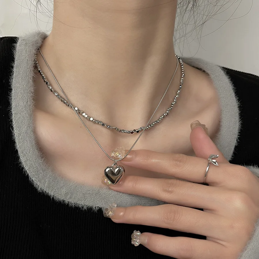 

Double Layer Beads Chain Silver Color Heart Shape Pendant Necklace for Women Girl Korean Fashion Charm Clavicle Chain Jewerly