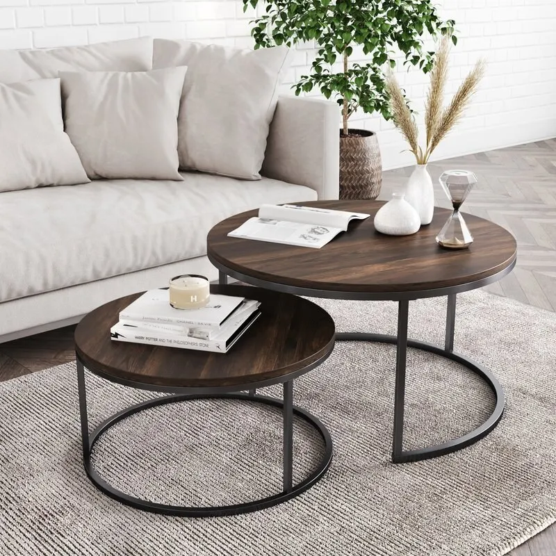 American solid wood round coffee table combination living room small apartment retro simple home wrought iron minimalist small r