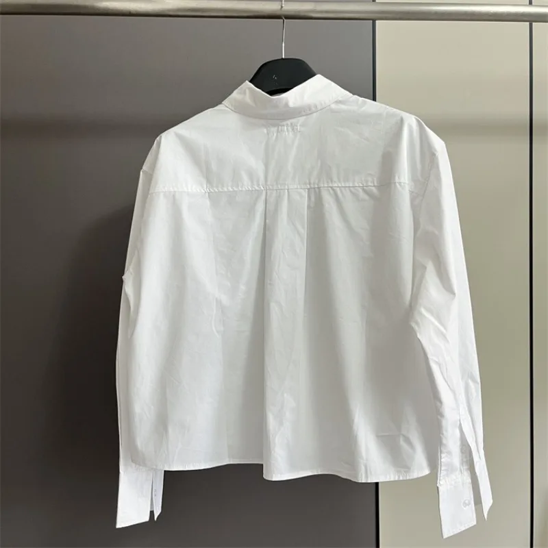 Women's Cotton Embroidery Pocket Loose Casual Short Long Sleeve White Shirt Top 8004