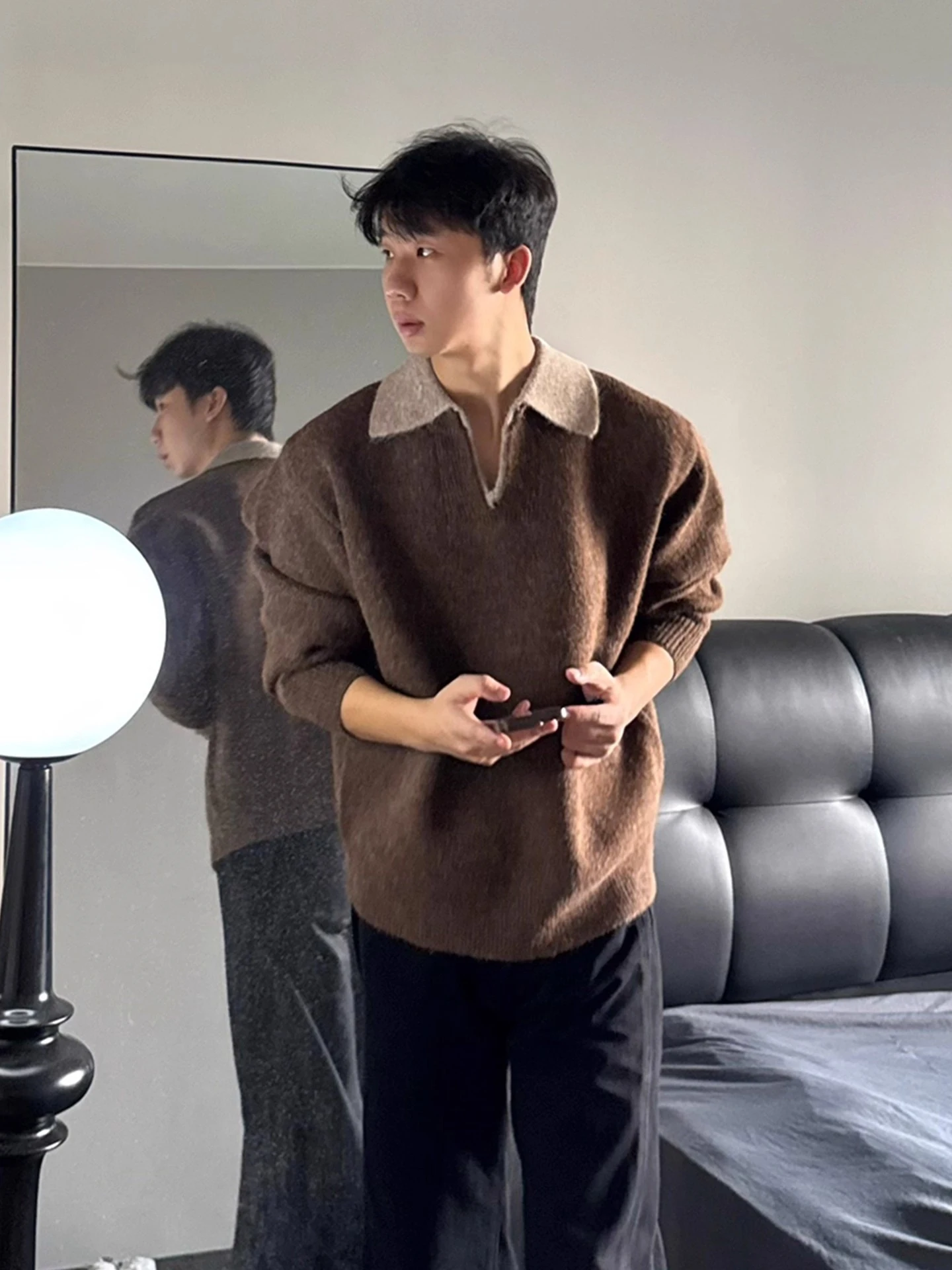 

Autumn Winter Men's Vintage American Sle Loose Fit V-Ne Knitwear CleanFit Casual Versatile Long Sve Button up Sweater