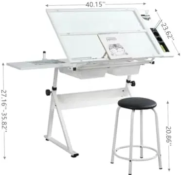 White Drafting Table with Stool Height Adjustable Art Craft Desk with Storage, Tilting Tempered Glass Tabletop
