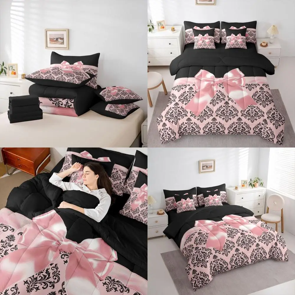 

7-Piece Coral Pink Damask Bowknot Bedding Set with Sheets for Kids and Girls, Sweet and Lightweight