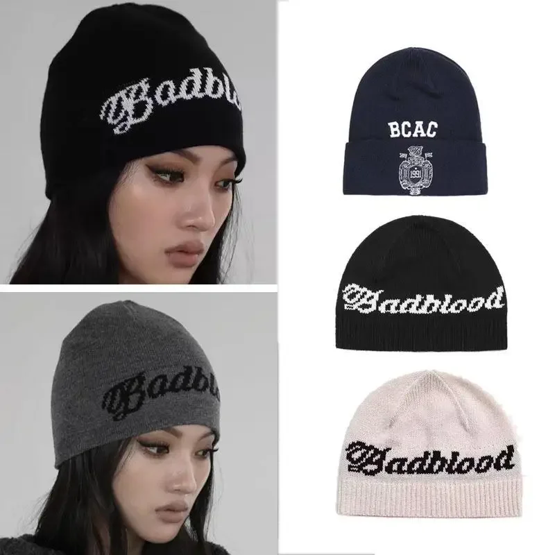 Bad Blood Signature Lettering Beanie Embroidery Ribbed Knit Earflap Unisex Hat