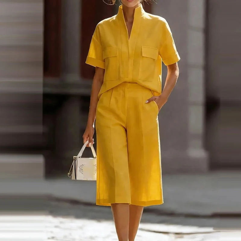 

Casual Solid Women's Commute Outfits Summer New Pocket Pants Sets Stylish Stand Collar Short Sleeve Blazer&five-point Pants Sets