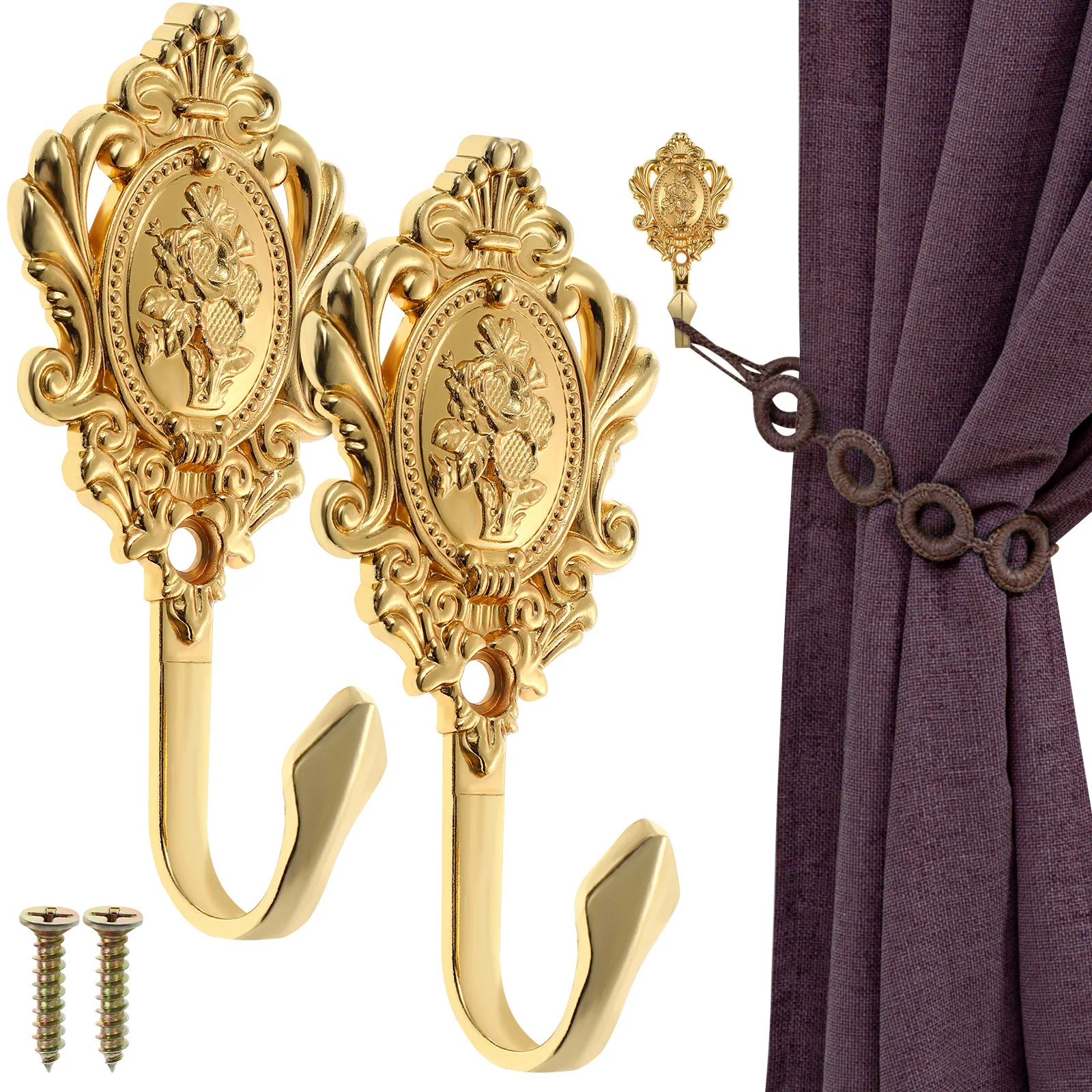 

2Pcs Curtain Holdback Hooks Vintage Rose Carve Design Decorative Wall Mount for Drapes Curtains Tiebacks Indoor Outdoor Use